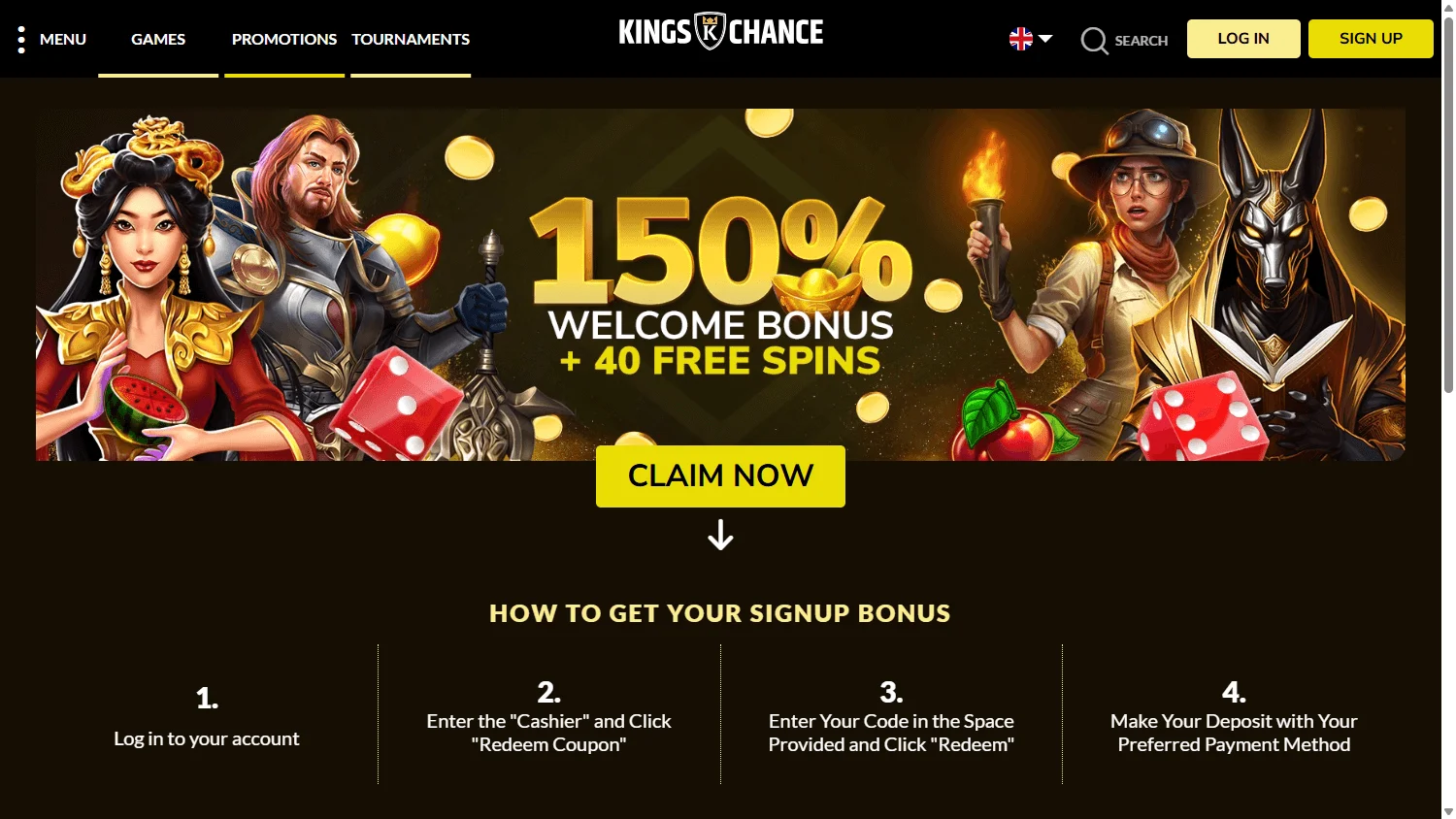 Kings Chance Casino desktop promotions area with welcome package and promotional offers
