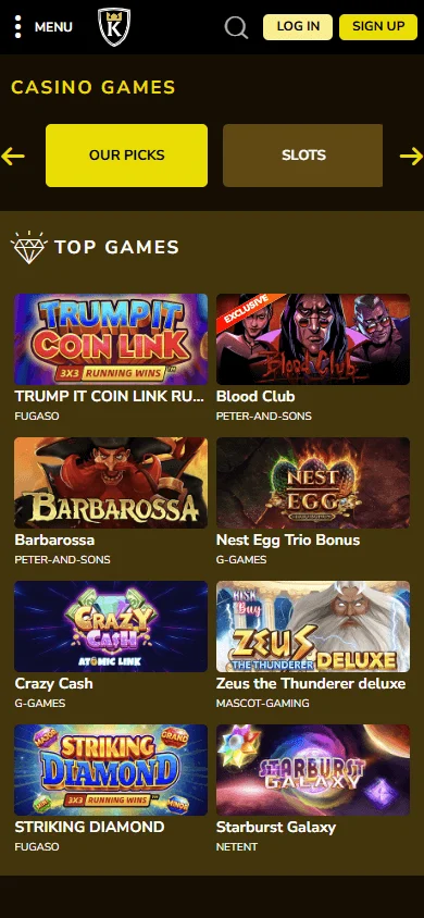 Kings Chance Casino mobile browser games area on a phone