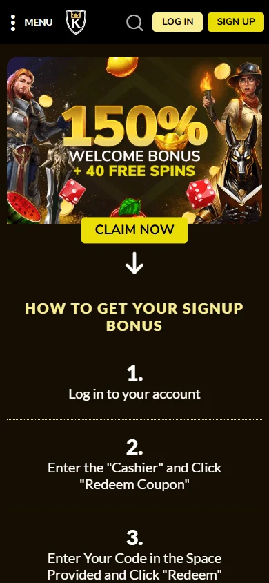 Kings Chance Casino mobile browser promotions area on a phone