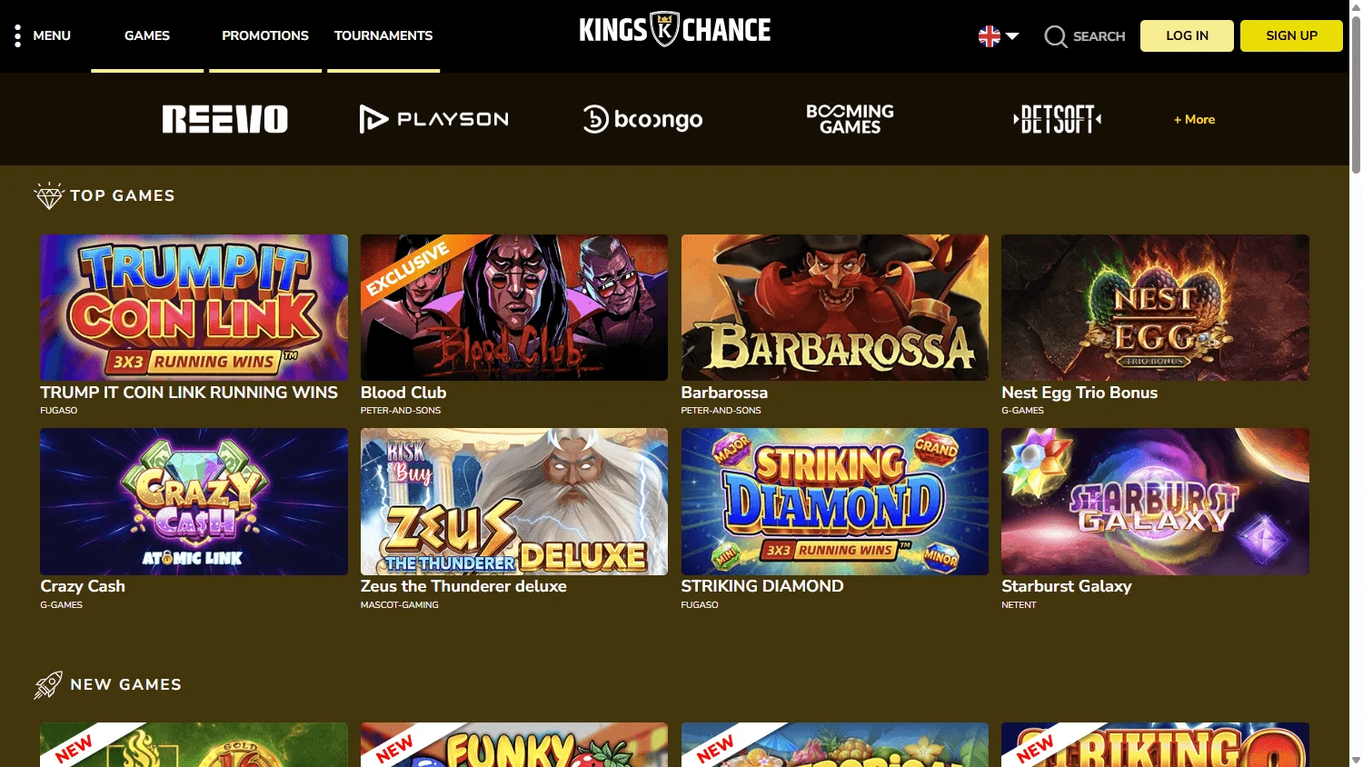 Kings Chance Casino desktop home screen with casino access and welcome offer