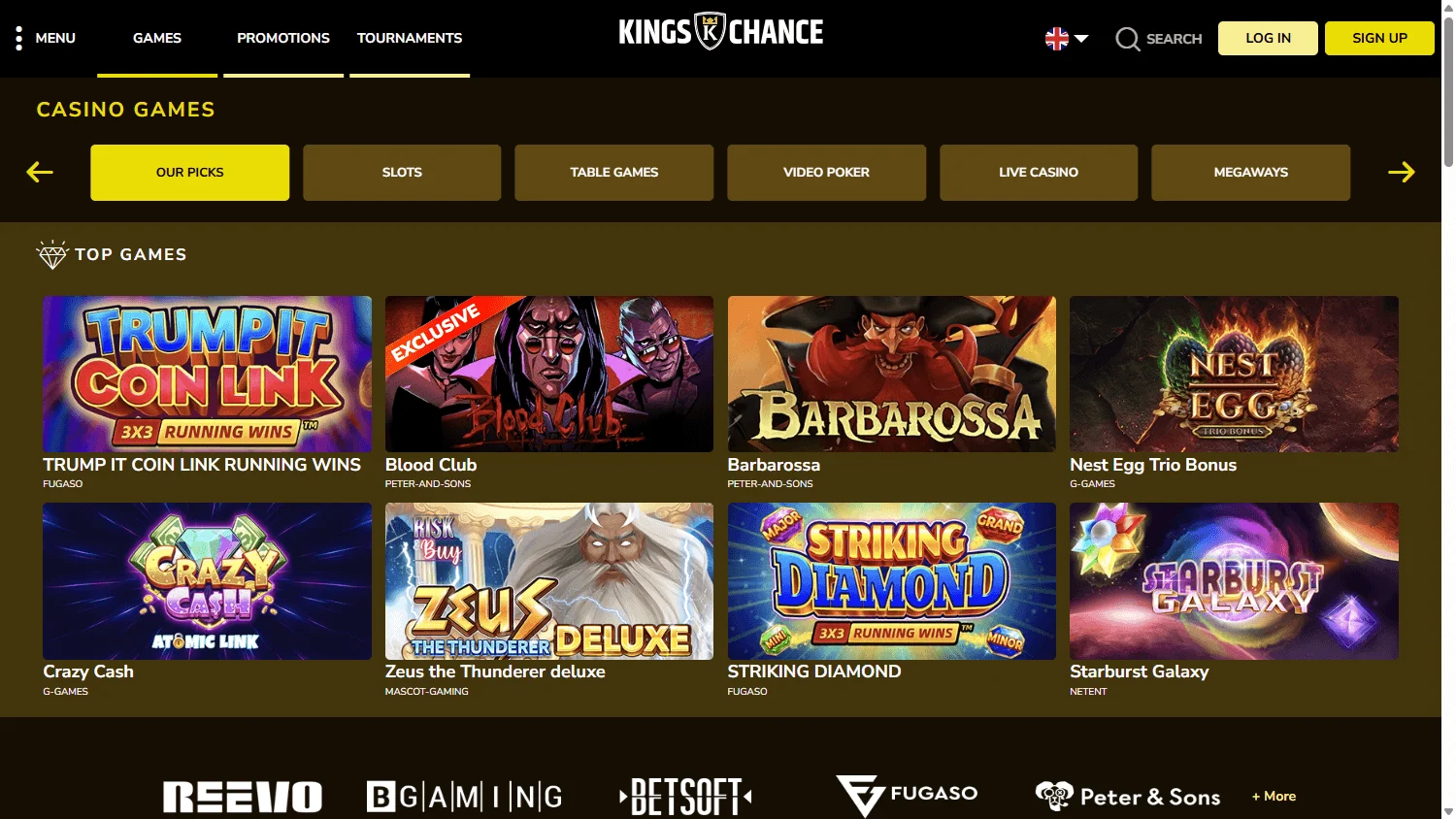Kings Chance Casino desktop games area with casino titles and game categories